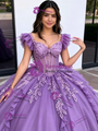 Purple Tulle Straps Lace Appliques Quinceanera Dress