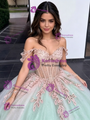 Green Tulle Off The Shoulder Appliques Quinceanera Dress