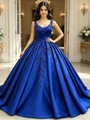 Royal Blue Satin Straps Appliques Quinceanera Dress