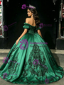 Green Satin Appliques Off the Shoulder Quinceanera Dress