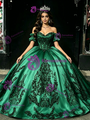 Green Satin Appliques Off the Shoulder Quinceanera Dress