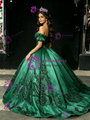 Green Satin Appliques Off the Shoulder Quinceanera Dress