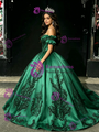 Green Satin Appliques Off the Shoulder Quinceanera Dress