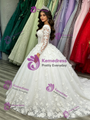 White Tulle Long Sleeve 3D Appliques Quinceanera Dress