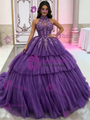 Purple Tulle Halter Appliques Quinceanera Dress
