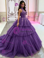 Purple Tulle Halter Appliques Quinceanera Dress