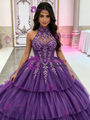 Purple Tulle Halter Appliques Quinceanera Dress