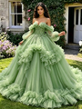 Green Tulle Sequins Straps Long Sleeve Quinceanera Dress