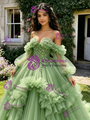 Green Tulle Sequins Straps Long Sleeve Quinceanera Dress