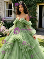 Green Tulle Sequins Straps Long Sleeve Quinceanera Dress