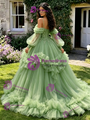 Green Tulle Sequins Straps Long Sleeve Quinceanera Dress
