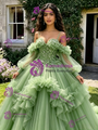 Green Tulle Sequins Straps Long Sleeve Quinceanera Dress