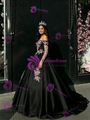 Black Satin Straps Appliques Quinceanera Dress