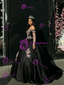 Black Satin Straps Appliques Quinceanera Dress