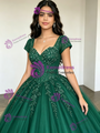Green Tulle Square Neck Appliques Quinceanera Dress