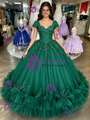 Green Tulle Square Neck Appliques Quinceanera Dress