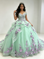 Green Tulle Cap Sleeve 3D Flower Quinceanera Dress