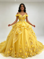 Yellow Tulle Straps 3D Appliques Quinceanera Dress