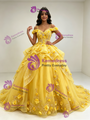 Yellow Tulle Straps 3D Appliques Quinceanera Dress