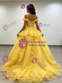 Yellow Tulle Straps 3D Appliques Quinceanera Dress