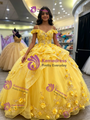 Yellow Tulle Straps 3D Appliques Quinceanera Dress