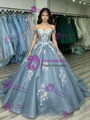 Blue Tulle Off the Shoulder Appliques Quinceanera Dress