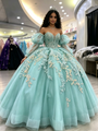 Light Blue Tulle Straps Appliques Quinceanera Dress