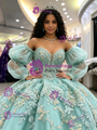 Light Blue Tulle Straps Appliques Quinceanera Dress