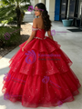 Red Tulle Sequins Long Sleeve Beading Quinceanera Dress