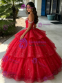 Red Tulle Sequins Long Sleeve Beading Quinceanera Dress