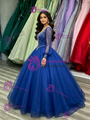 Blue Tulle V-neck Long Sleeve Beading Quinceanera Dress