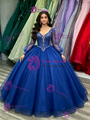 Blue Tulle V-neck Long Sleeve Beading Quinceanera Dress