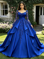Blue Satin Long Sleeve Appliques Quinceanera Dress