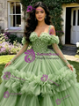 Green Tulle Straps Long Sleeve Quinceanera Dress
