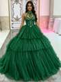 Green Tulle Halter Tiers Appliques Quinceanera Dress