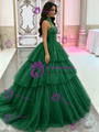 Green Tulle Halter Tiers Appliques Quinceanera Dress