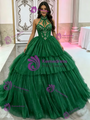 Green Tulle Halter Tiers Appliques Quinceanera Dress