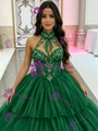 Green Tulle Halter Tiers Appliques Quinceanera Dress