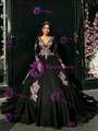 Black Tulle V-neck Appliques Quinceanera Dress