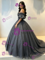 Gray Sequins Tulle Off the Shoulder Beading Quinceanera Dress