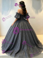Gray Sequins Tulle Off the Shoulder Beading Quinceanera Dress