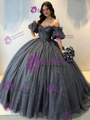 Gray Sequins Tulle Off the Shoulder Beading Quinceanera Dress