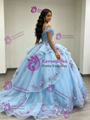 Sky Blue Tulle 3D Appliques Quinceanera Dress