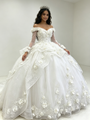 White Tulle Off the Shoulder Long Sleeve 3D Flower Quinceanera Dress