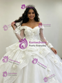 White Tulle Off the Shoulder Long Sleeve 3D Flower Quinceanera Dress