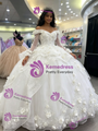 White Tulle Off the Shoulder Long Sleeve 3D Flower Quinceanera Dress