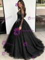 Black Tulle V-Neck Long Sleeve Beading Quinceanera Dress