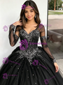 Black Tulle V-Neck Long Sleeve Beading Quinceanera Dress
