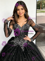 Black Tulle V-Neck Long Sleeve Beading Quinceanera Dress