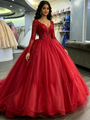 Red Tulle V-neck Long Sleeve Beading Quinceanera Dress